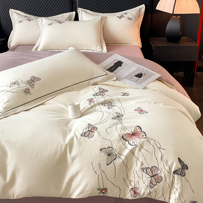 91家纺网 家纺一手货源 找家纺 涵宸家纺 2025新款全棉磨毛刺绣四件套系列-蝶影 蝶影-白