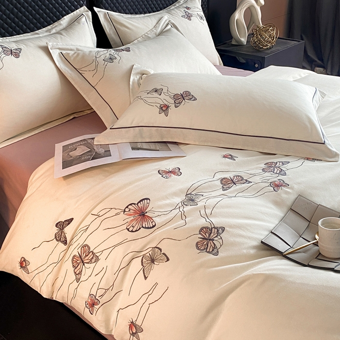 91家纺网 家纺一手货源 找家纺 涵宸家纺 2025新款全棉磨毛刺绣四件套系列-蝶影 蝶影-白