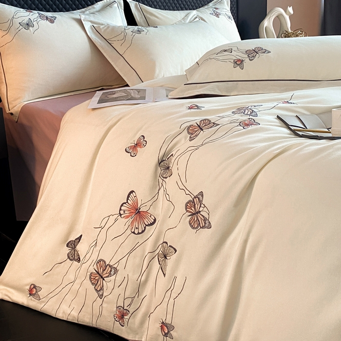 91家纺网 家纺一手货源 找家纺 涵宸家纺 2025新款全棉磨毛刺绣四件套系列-蝶影 蝶影-白