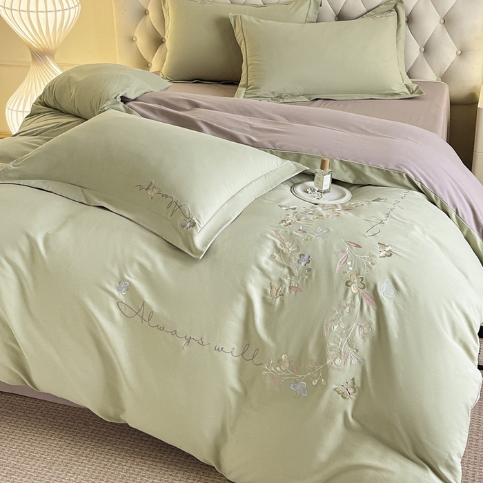 91家纺网 家纺一手货源 找家纺 涵宸家纺 2025新款全棉磨毛刺绣四件套系列-普莉 普莉-绿