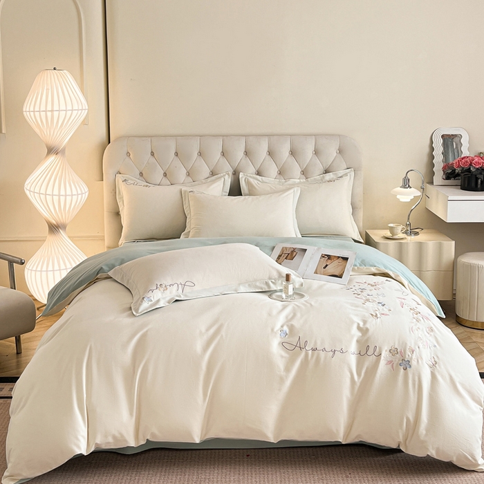 91家纺网 家纺一手货源 找家纺 涵宸家纺 2025新款全棉磨毛刺绣四件套系列-普莉 普莉-奶白