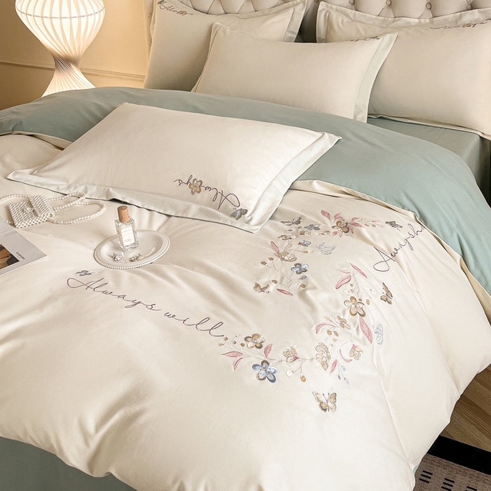 91家纺网 家纺一手货源 找家纺 涵宸家纺 2025新款全棉磨毛刺绣四件套系列-普莉 普莉-奶白