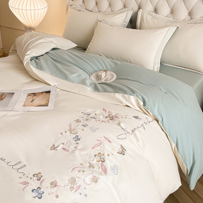 91家纺网 家纺一手货源 找家纺 涵宸家纺 2025新款全棉磨毛刺绣四件套系列-普莉 普莉-奶白