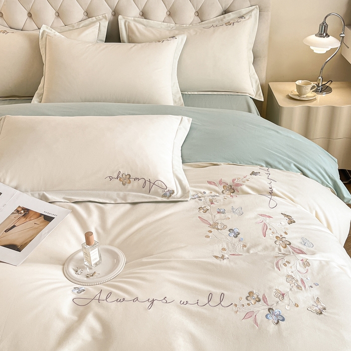 91家纺网 家纺一手货源 找家纺 涵宸家纺 2025新款全棉磨毛刺绣四件套系列-普莉 普莉-奶白