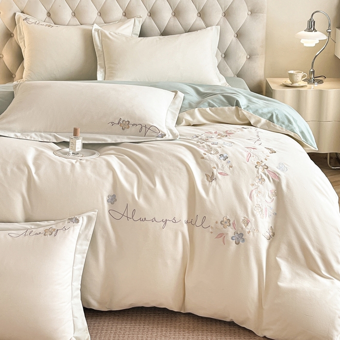 91家纺网 家纺一手货源 找家纺 涵宸家纺 2025新款全棉磨毛刺绣四件套系列-普莉 普莉-奶白