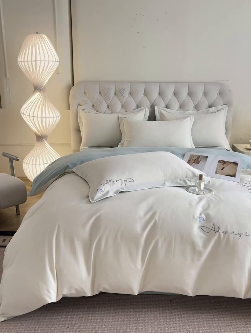 91家纺网 家纺一手货源 找家纺 涵宸家纺 2025新款全棉磨毛刺绣四件套系列-普莉 普莉-奶白