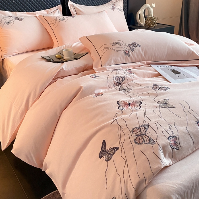 91家纺网 家纺一手货源 找家纺 涵宸家纺 2025新款全棉磨毛刺绣四件套系列-蝶影 蝶影-粉