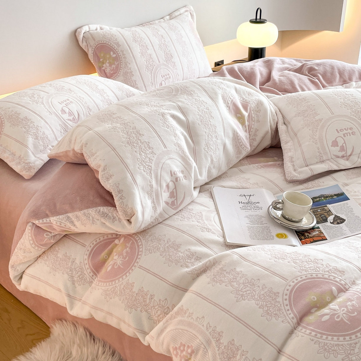 91家纺网 家纺一手货源 找家纺 居易简 2025新款A类高克重牛奶绒立体浮雕四件套 艾瑞-粉