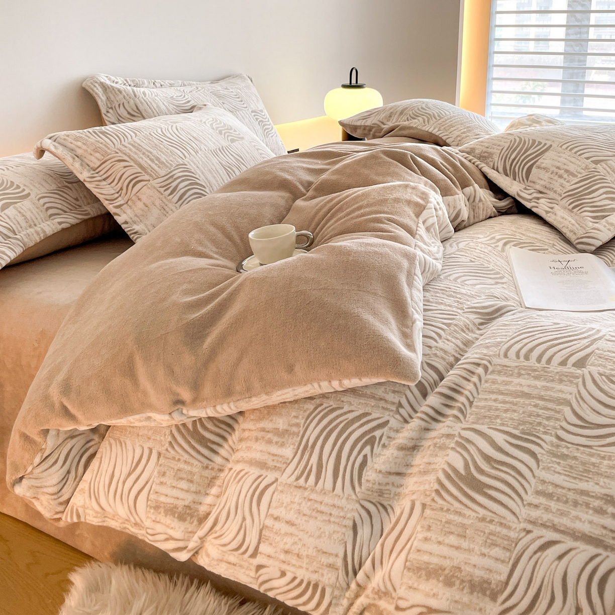 91家纺网 家纺一手货源 找家纺 居易简 2025新款A类高克重牛奶绒立体浮雕四件套 斑马暖咖