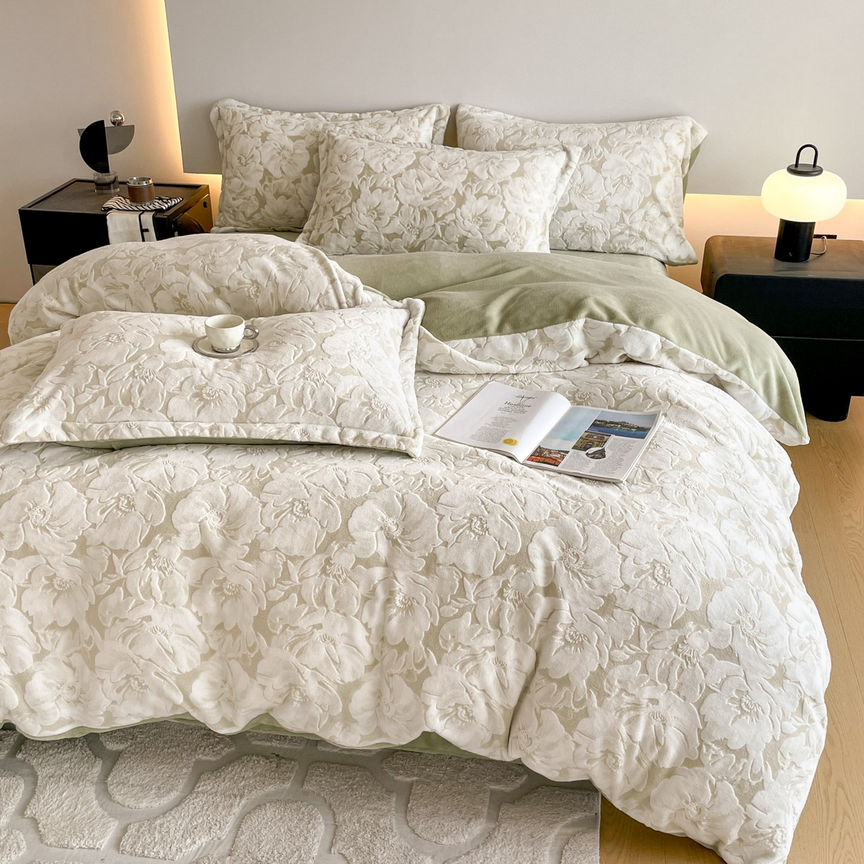 91家纺网 家纺一手货源 找家纺 居易简 2025新款A类高克重牛奶绒立体浮雕四件套 繁花-浅绿