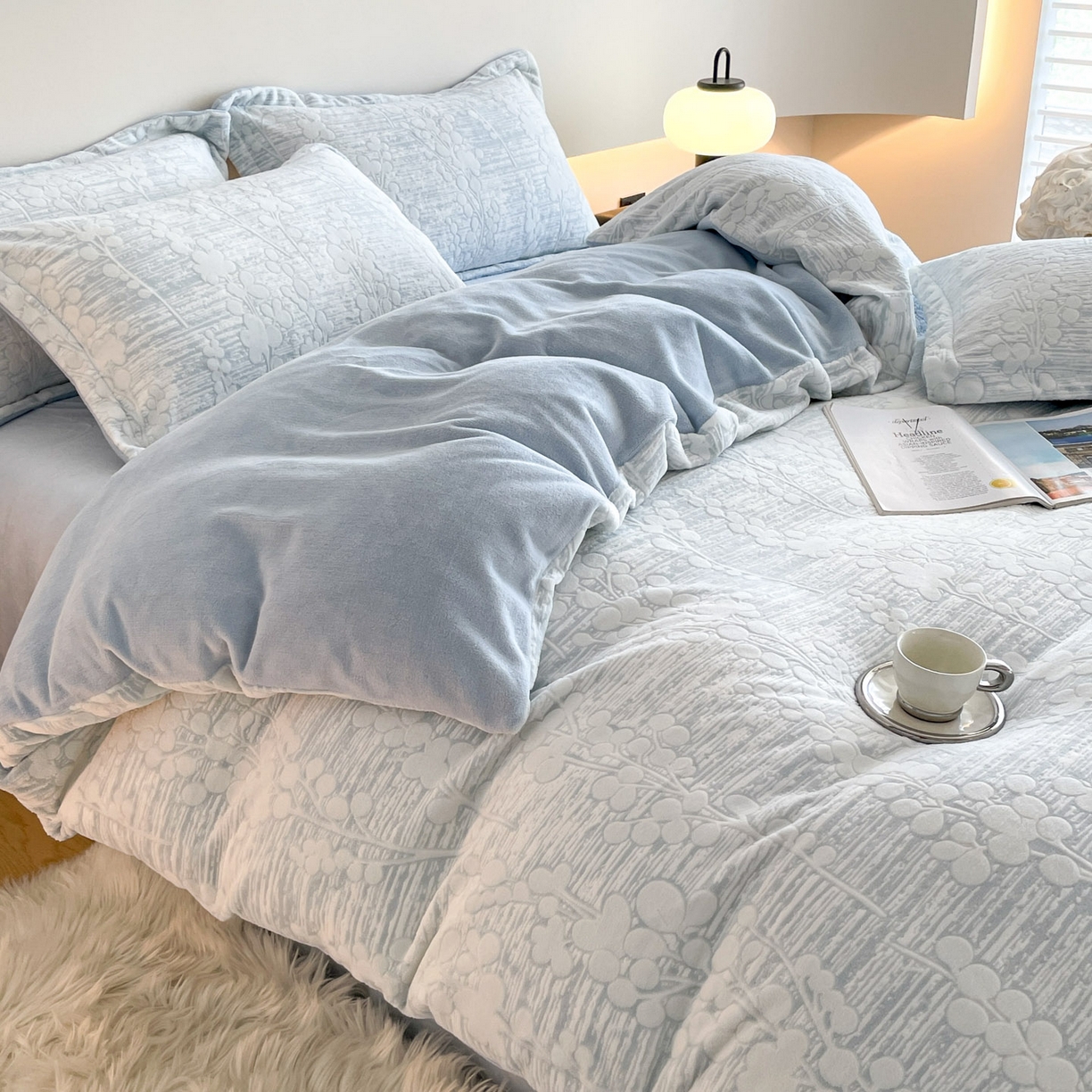 91家纺网 家纺一手货源 找家纺 居易简 2025新款A类高克重牛奶绒立体浮雕四件套 豆蔻