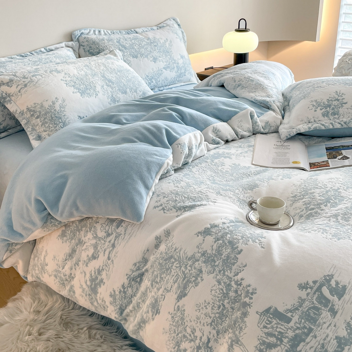 91家纺网 家纺一手货源 找家纺 居易简 2025新款A类高克重牛奶绒立体浮雕四件套 云木-蓝