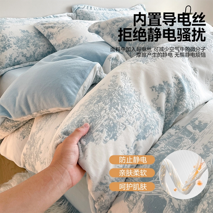 91家纺网 家纺一手货源 找家纺 居易简 2025新款A类高克重牛奶绒立体浮雕四件套 云木-蓝