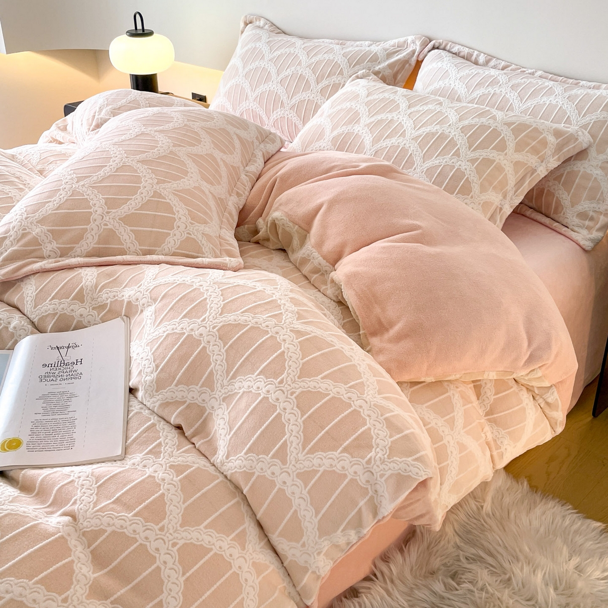 91家纺网 家纺一手货源 找家纺 居易简 2025新款A类高克重牛奶绒立体浮雕四件套 橘暖