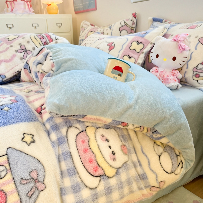 91家纺网 家纺一手货源 找家纺 川悦生活 2025新款立体雪花绒印花大床四件套系列二场景一 小喵甜心