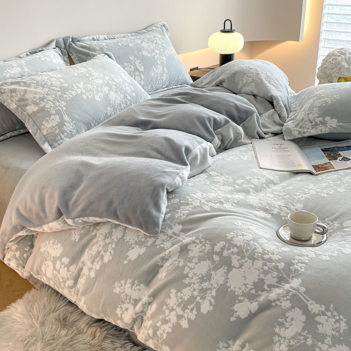 91家纺网 家纺一手货源 找家纺 居易简 2025新款A类高克重牛奶绒立体浮雕四件套 画意枝头