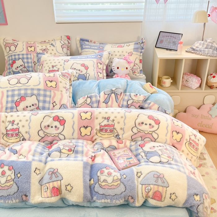 91家纺网 家纺一手货源 找家纺 川悦生活 2025新款立体雪花绒印花大床四件套系列二场景一 小喵甜心