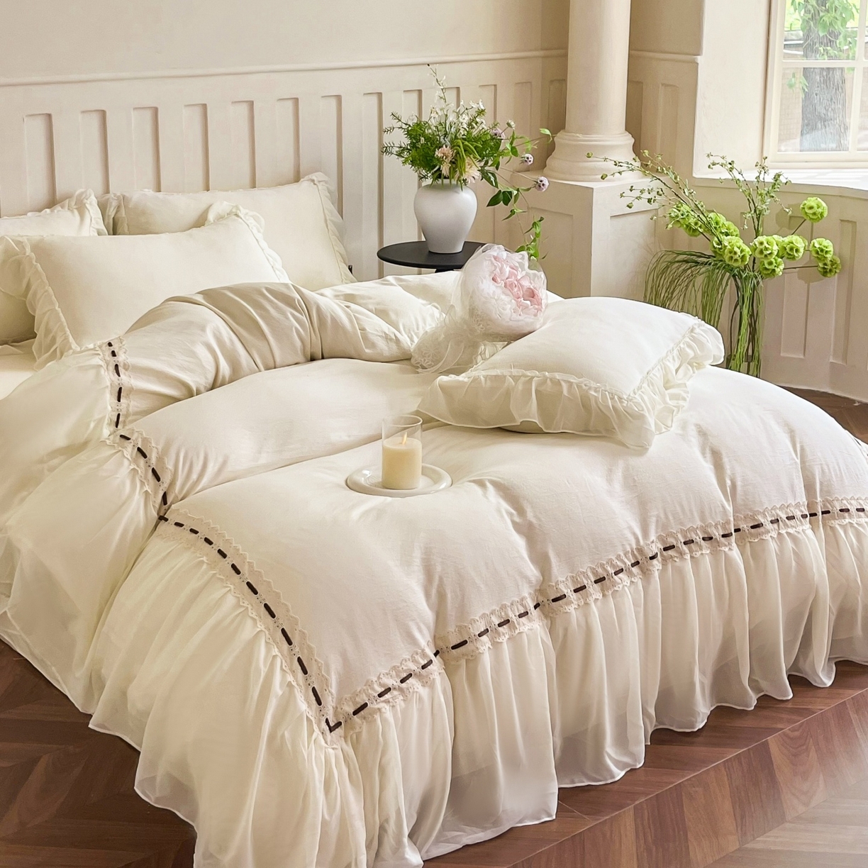 91家纺网 家纺一手货源 找家纺 （总）庭笙 2025新款法式仙女蕾丝裙边梦幻纱四件套-赫拉花园