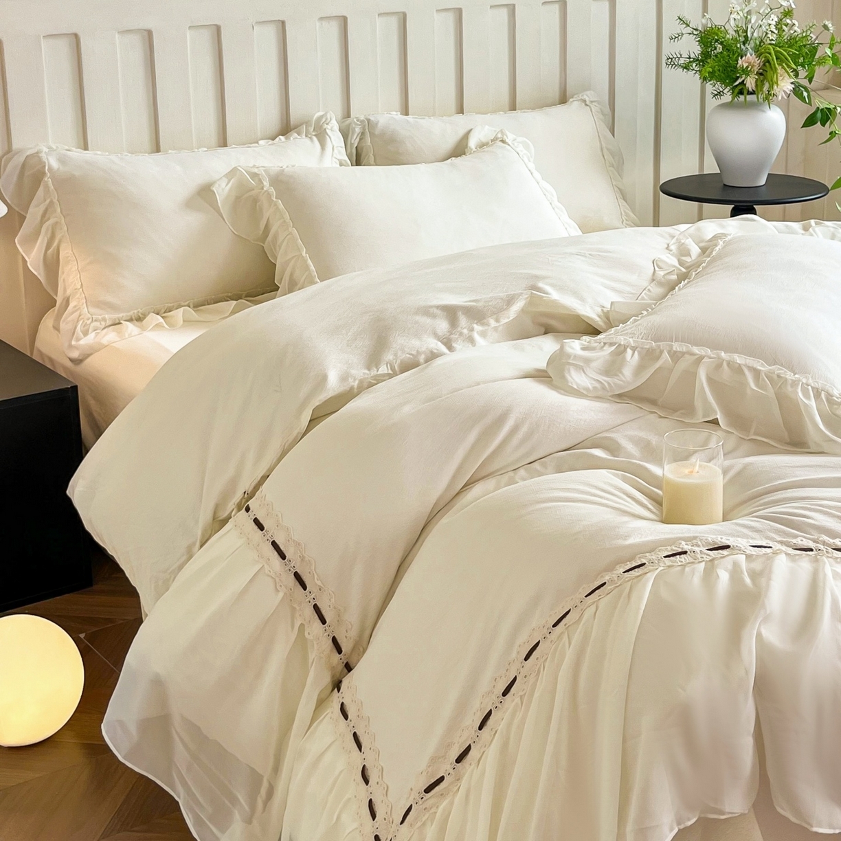 91家纺网 家纺一手货源 找家纺 （总）庭笙 2025新款法式仙女蕾丝裙边梦幻纱四件套-赫拉花园