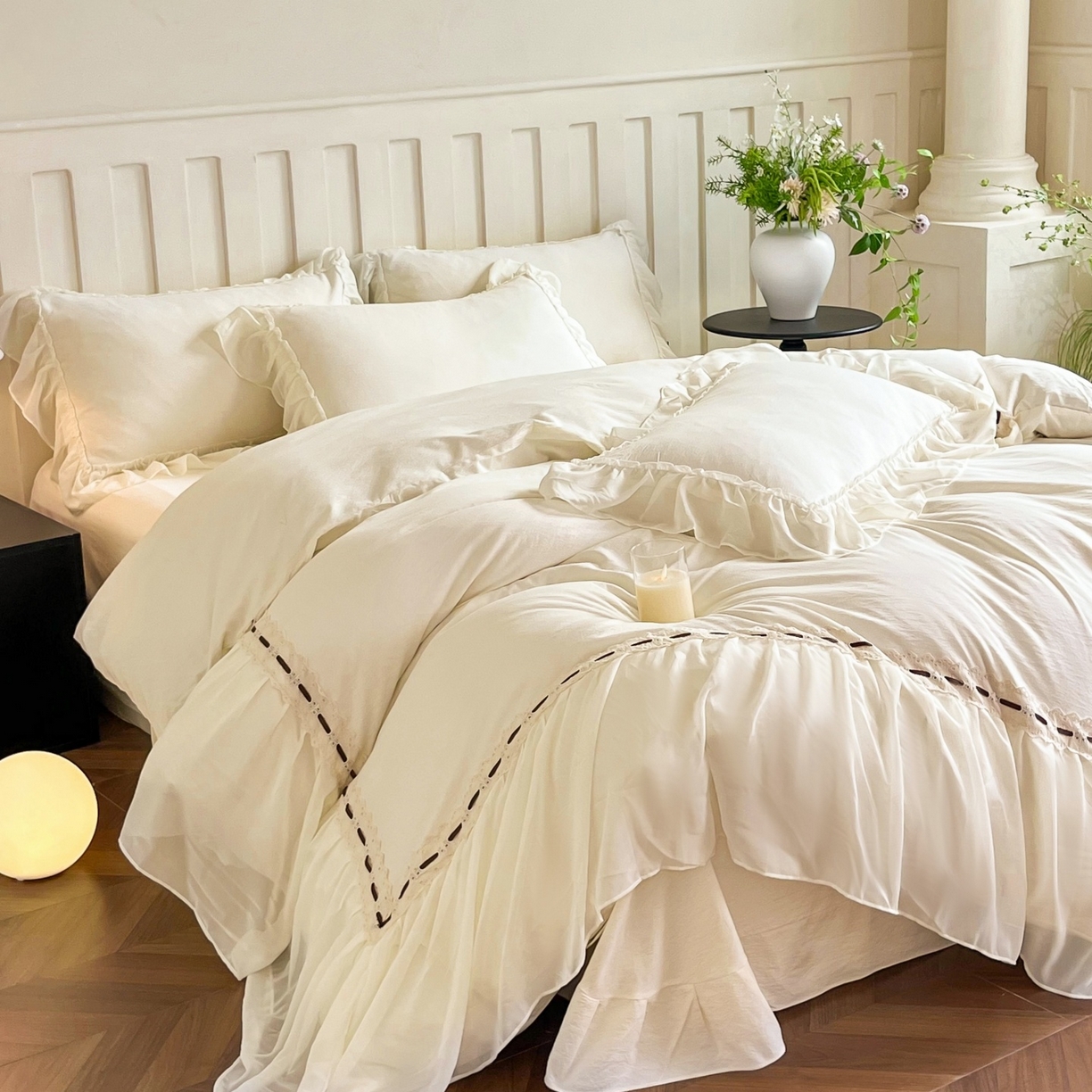 91家纺网 家纺一手货源 找家纺 庭笙 2025新款法式仙女蕾丝裙边梦幻纱四件套-赫拉花园 米白