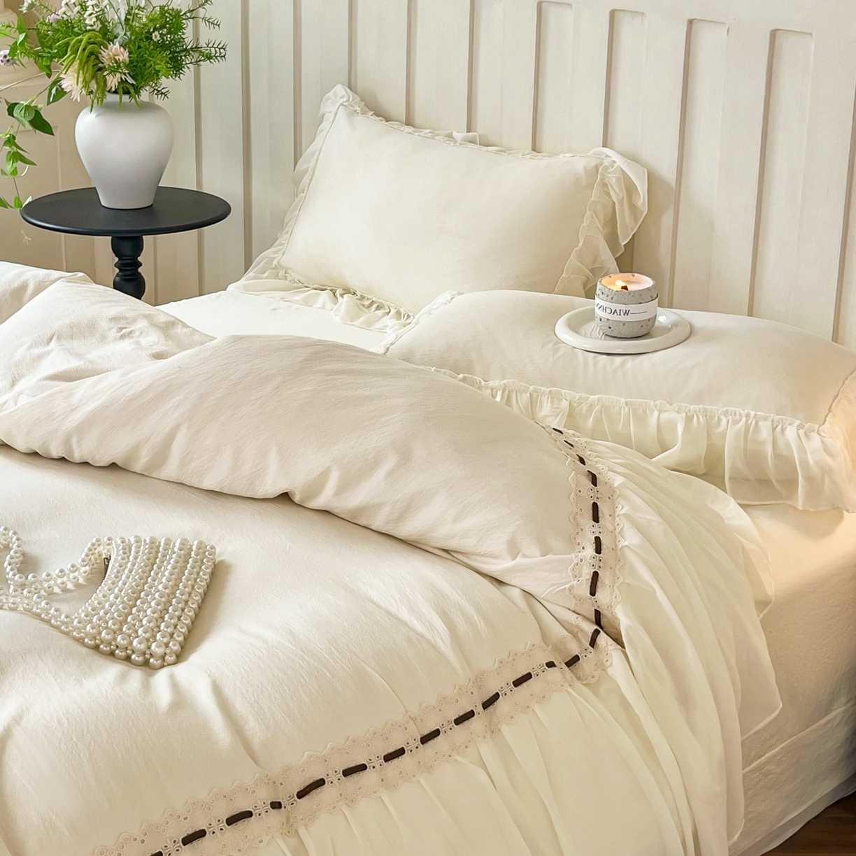 91家纺网 家纺一手货源 找家纺 （总）庭笙 2025新款法式仙女蕾丝裙边梦幻纱四件套-赫拉花园