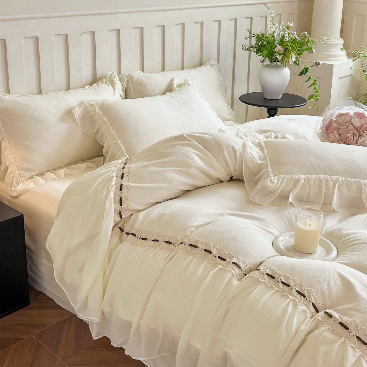 91家纺网 家纺一手货源 找家纺 （总）庭笙 2025新款法式仙女蕾丝裙边梦幻纱四件套-赫拉花园