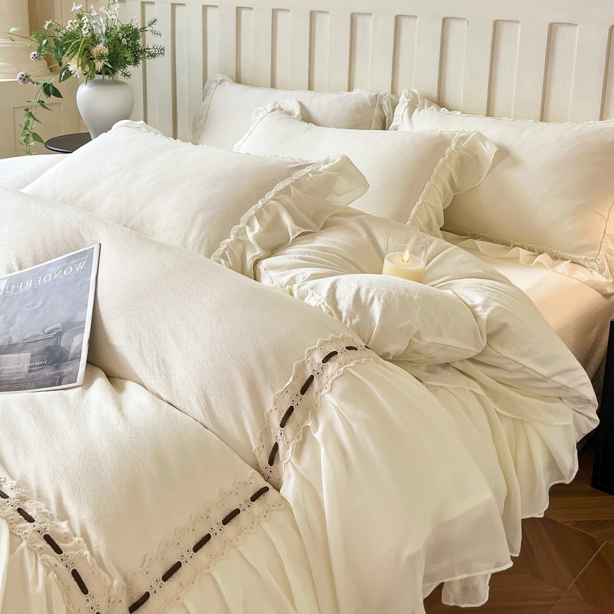 91家纺网 家纺一手货源 找家纺 庭笙 2025新款法式仙女蕾丝裙边梦幻纱四件套-赫拉花园 米白