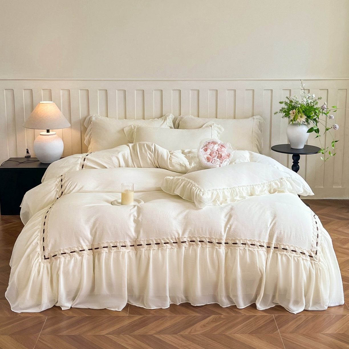 庭笙 2025新款法式仙女蕾丝裙边梦幻纱四件套-赫拉花园 米白