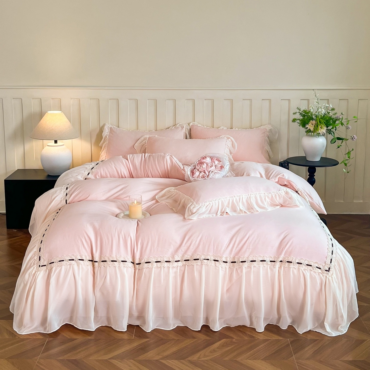 庭笙 2025新款法式仙女蕾丝裙边梦幻纱四件套-赫拉花园 浅粉