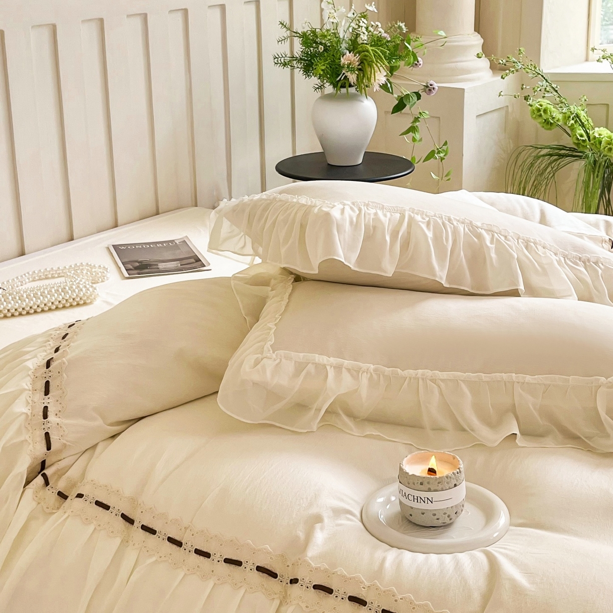 91家纺网 家纺一手货源 找家纺 （总）庭笙 2025新款法式仙女蕾丝裙边梦幻纱四件套-赫拉花园