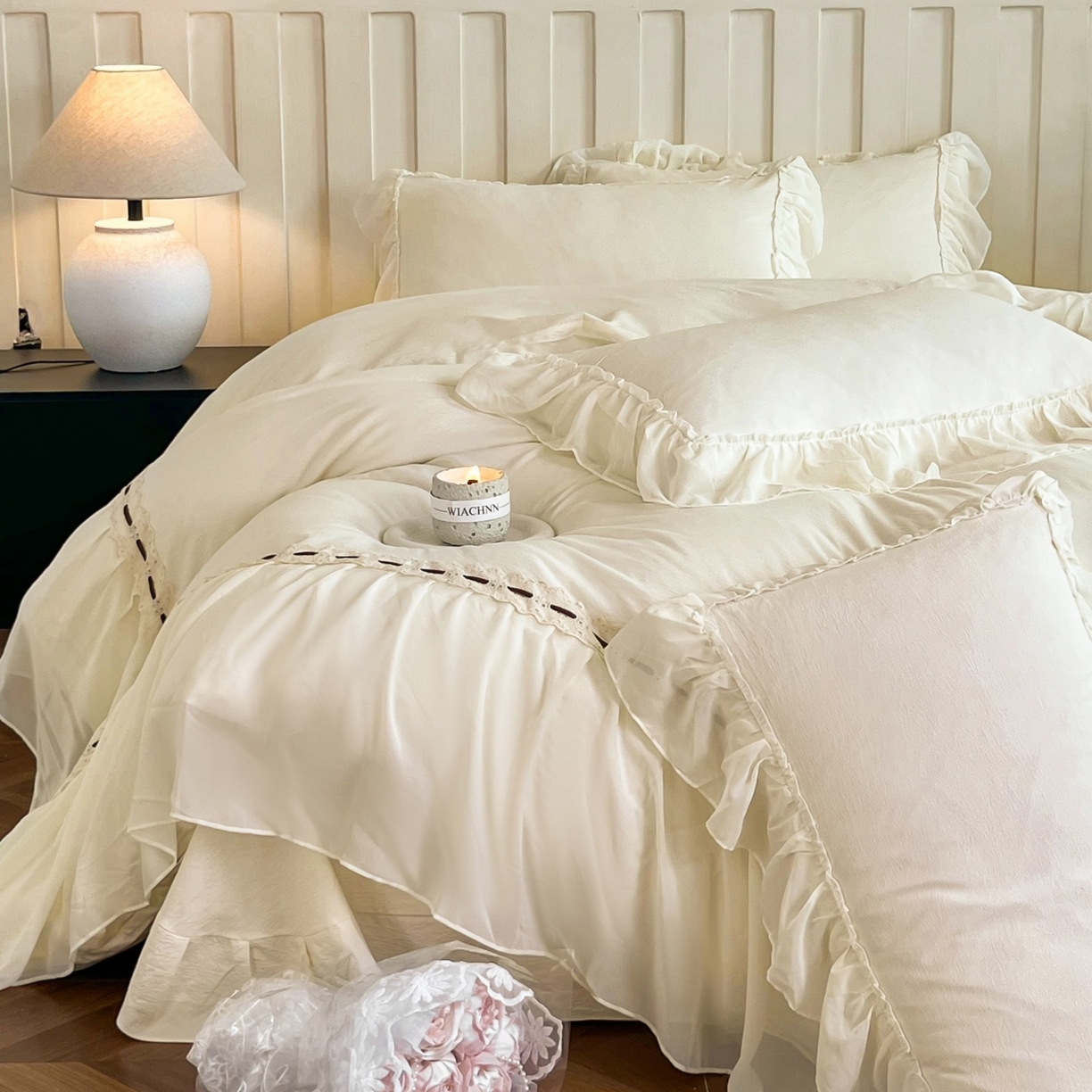 91家纺网 家纺一手货源 找家纺 （总）庭笙 2025新款法式仙女蕾丝裙边梦幻纱四件套-赫拉花园