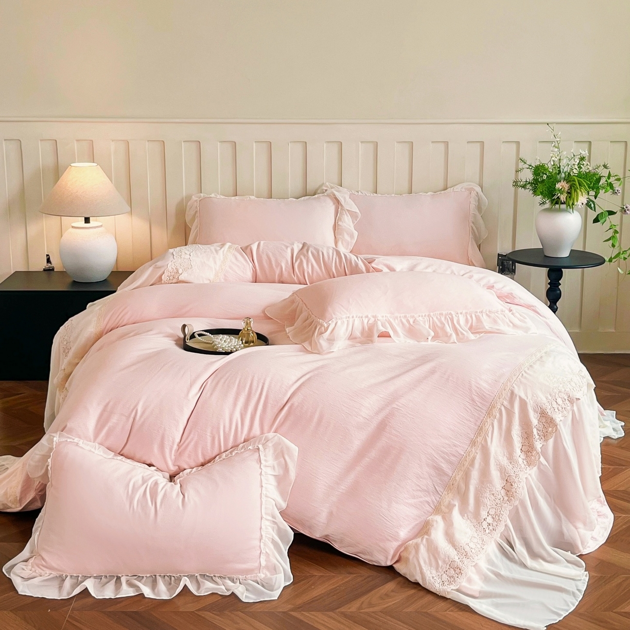 庭笙 2025新款法式刺绣花边双层蕾丝裙边梦幻纱四件套-漫调小城 浅粉