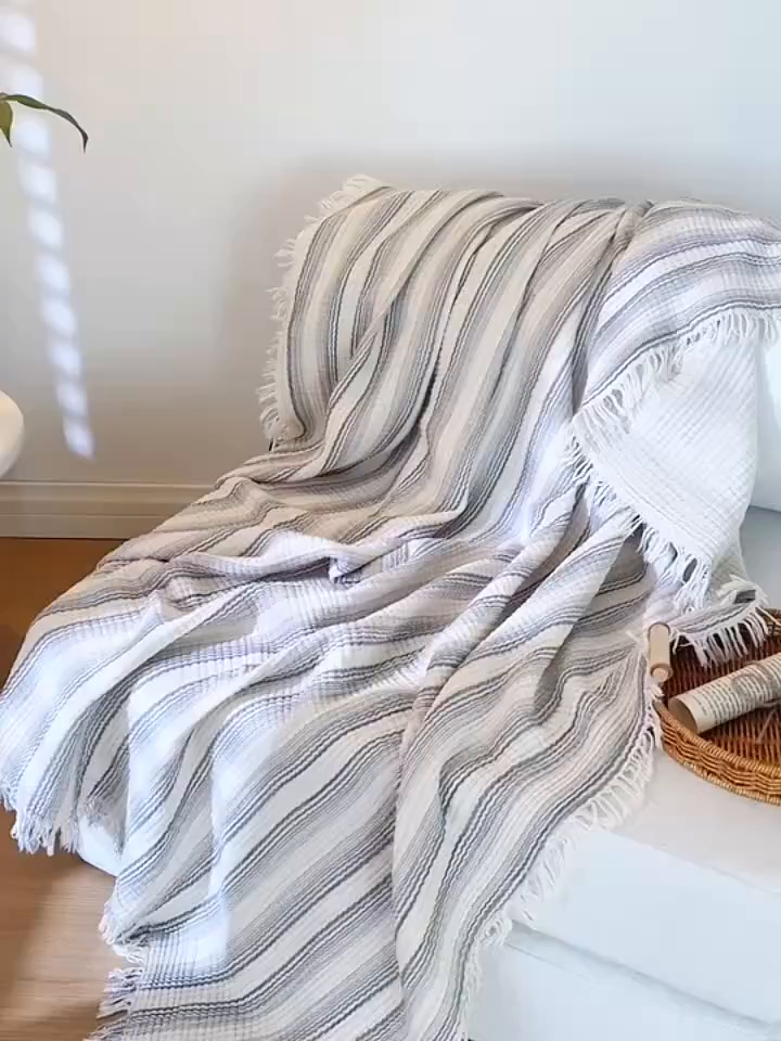 91家纺网 家纺一手货源 找家纺 （总）简宜家居（朝初家纺） 2025新款全棉100%棉四层纱流苏边毛毯子