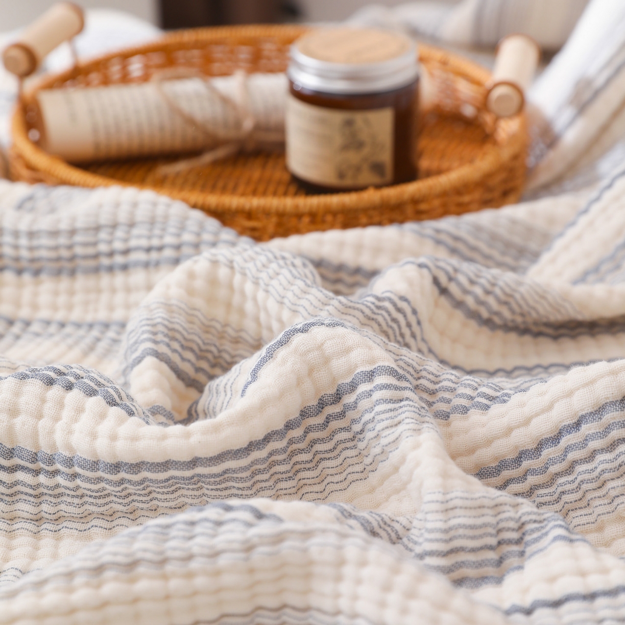 91家纺网 家纺一手货源 找家纺 （总）简宜家居（朝初家纺） 2025新款全棉100%棉四层纱流苏边毛毯子