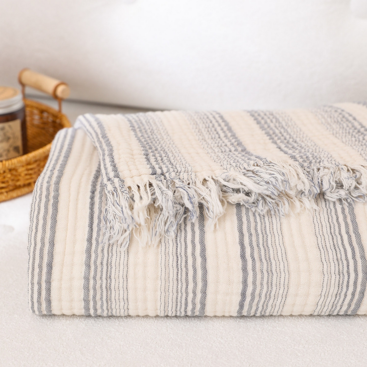 91家纺网 家纺一手货源 找家纺 （总）简宜家居（朝初家纺） 2025新款全棉100%棉四层纱流苏边毛毯子