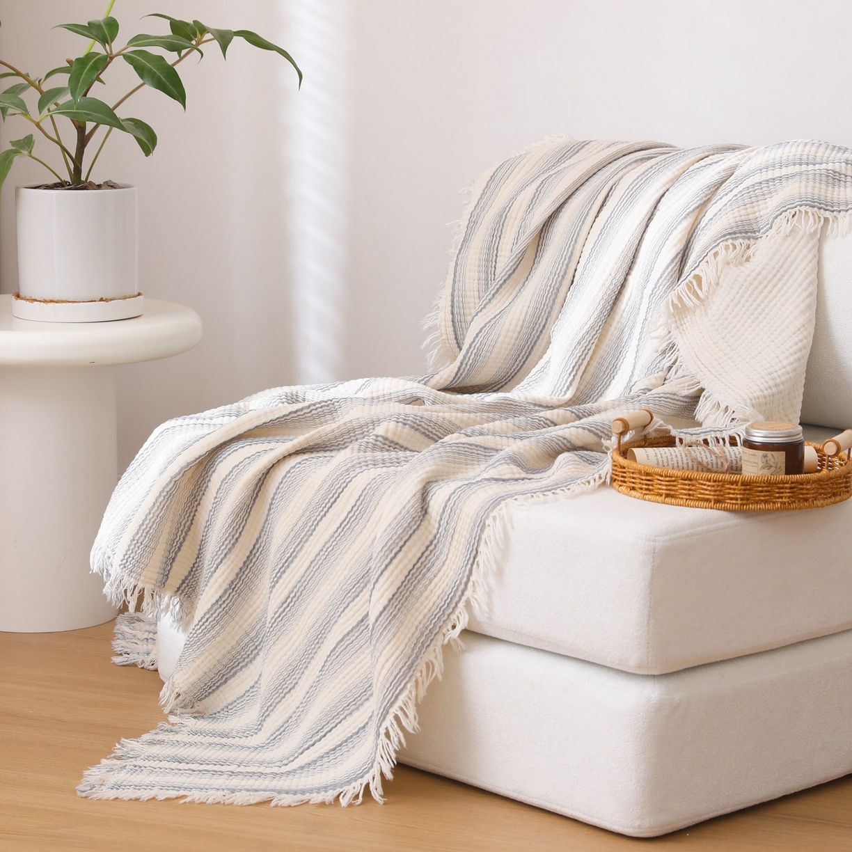 91家纺网 家纺一手货源 找家纺 简宜家居（朝初家纺） 2025新款全棉100%棉四层纱流苏边毛毯子 流苏-暮烟灰