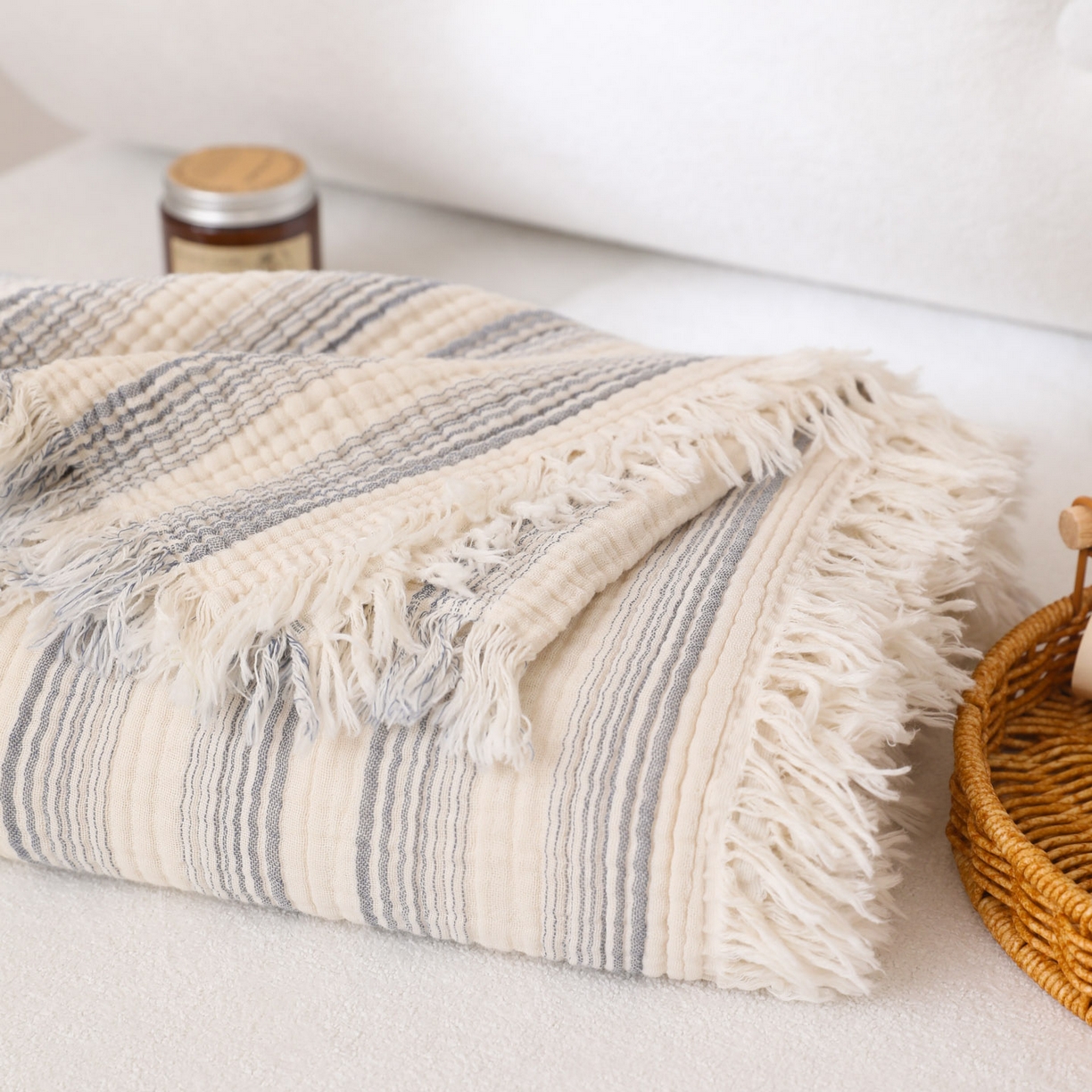 91家纺网 家纺一手货源 找家纺 简宜家居（朝初家纺） 2025新款全棉100%棉四层纱流苏边毛毯子 流苏-暮烟灰