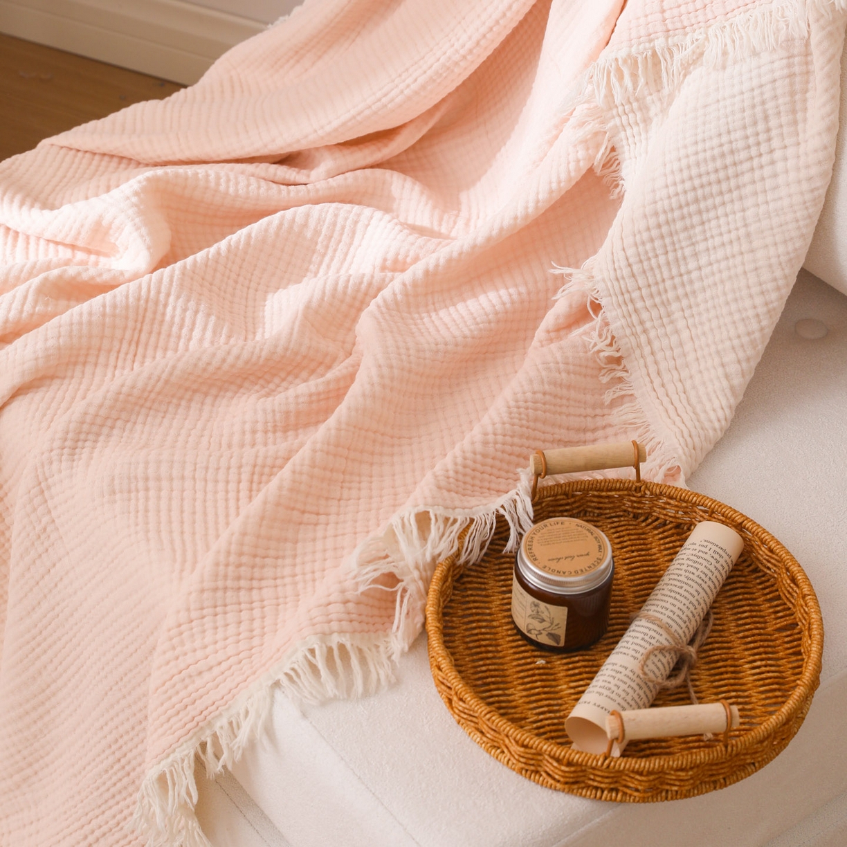 91家纺网 家纺一手货源 找家纺 简宜家居（朝初家纺） 2025新款全棉100%棉四层纱流苏边毛毯子 流苏-粉玉