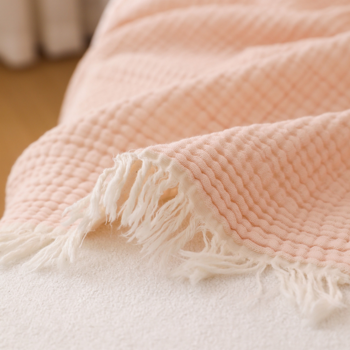 91家纺网 家纺一手货源 找家纺 简宜家居（朝初家纺） 2025新款全棉100%棉四层纱流苏边毛毯子 流苏-粉玉