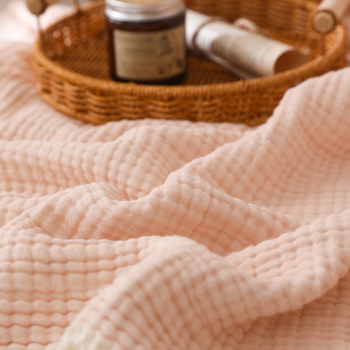 91家纺网 家纺一手货源 找家纺 简宜家居（朝初家纺） 2025新款全棉100%棉四层纱流苏边毛毯子 流苏-粉玉