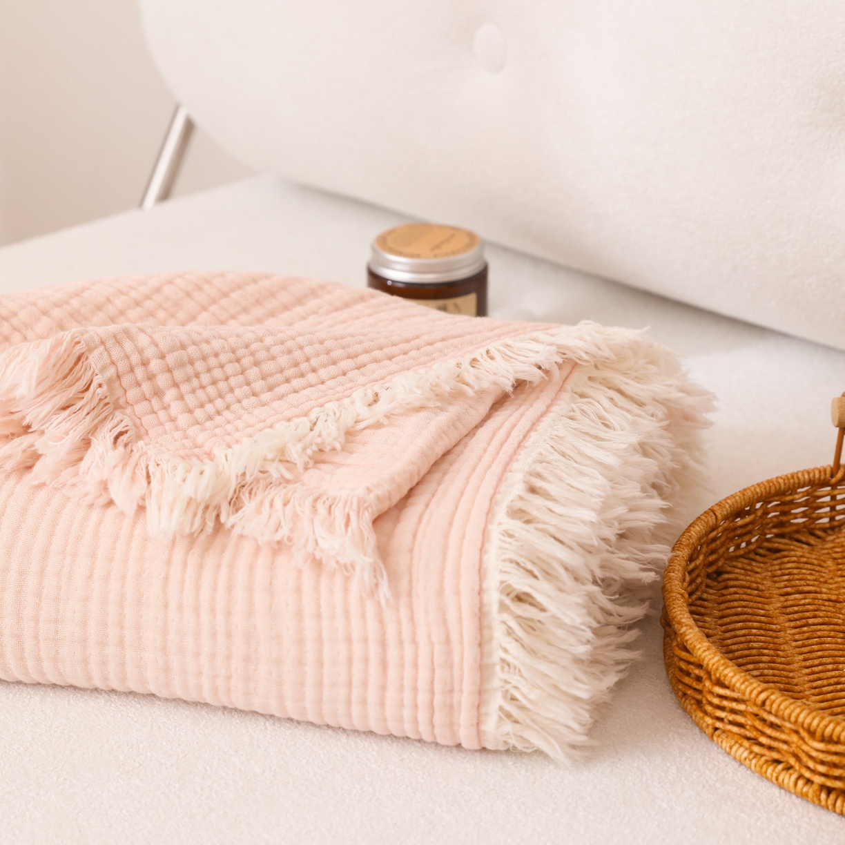 91家纺网 家纺一手货源 找家纺 简宜家居（朝初家纺） 2025新款全棉100%棉四层纱流苏边毛毯子 流苏-粉玉