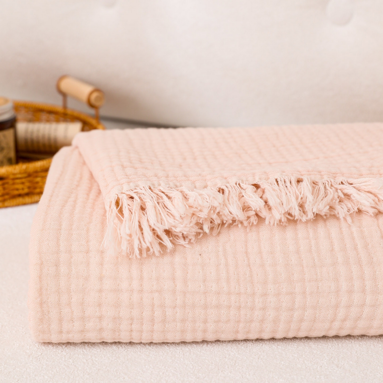 91家纺网 家纺一手货源 找家纺 简宜家居（朝初家纺） 2025新款全棉100%棉四层纱流苏边毛毯子 流苏-粉玉