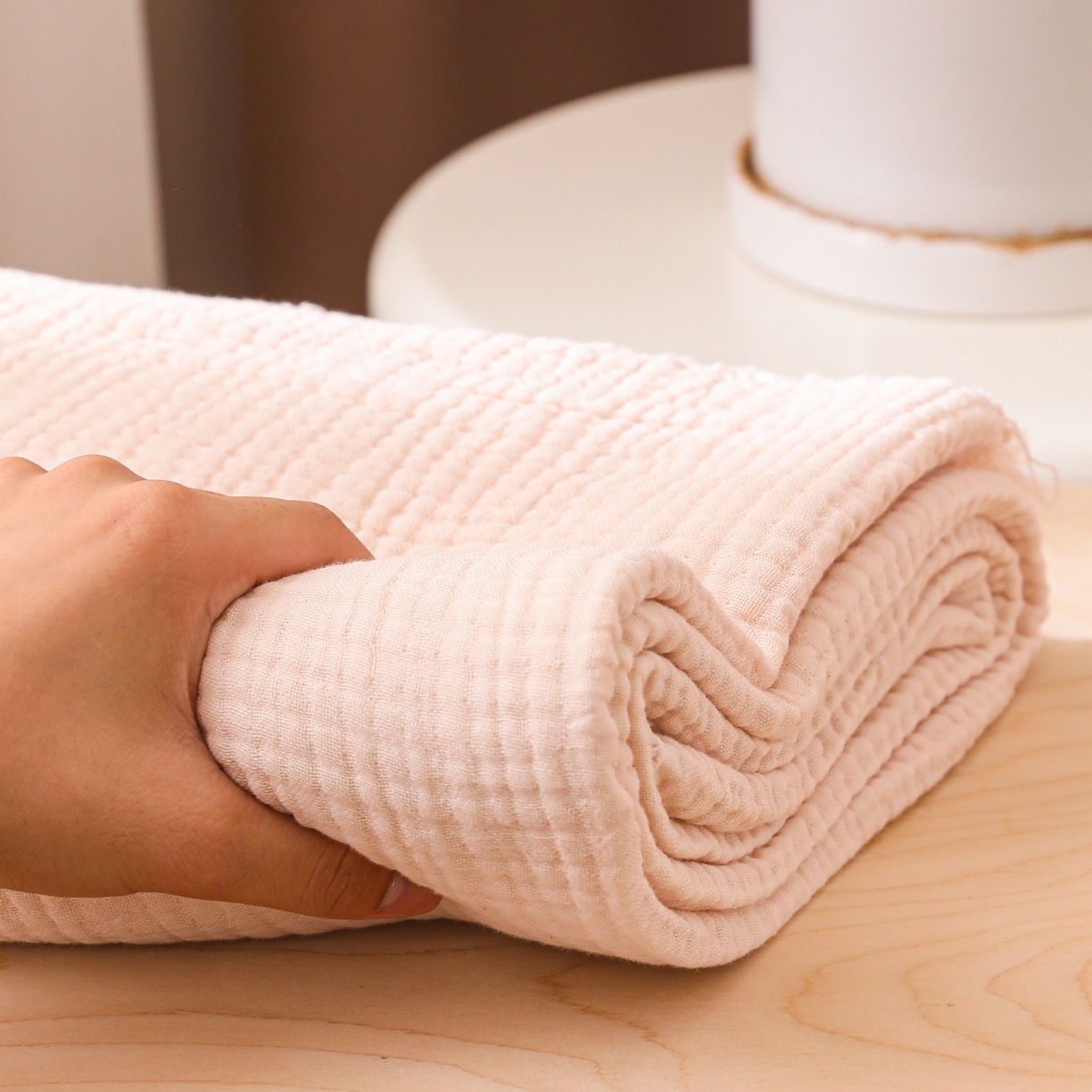 91家纺网 家纺一手货源 找家纺 简宜家居（朝初家纺） 2025新款全棉100%棉四层纱流苏边毛毯子 流苏-粉玉