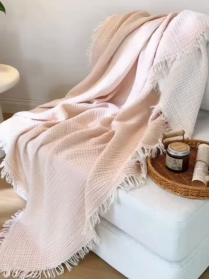 91家纺网 家纺一手货源 找家纺 简宜家居（朝初家纺） 2025新款全棉100%棉四层纱流苏边毛毯子 流苏-粉玉