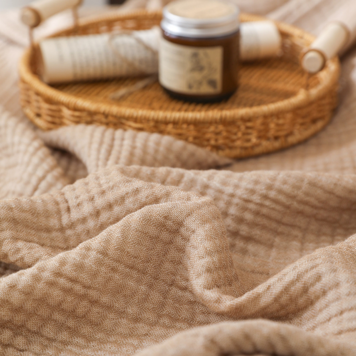 91家纺网 家纺一手货源 找家纺 简宜家居（朝初家纺） 2025新款全棉100%棉四层纱流苏边毛毯子 流苏-焦糖褐