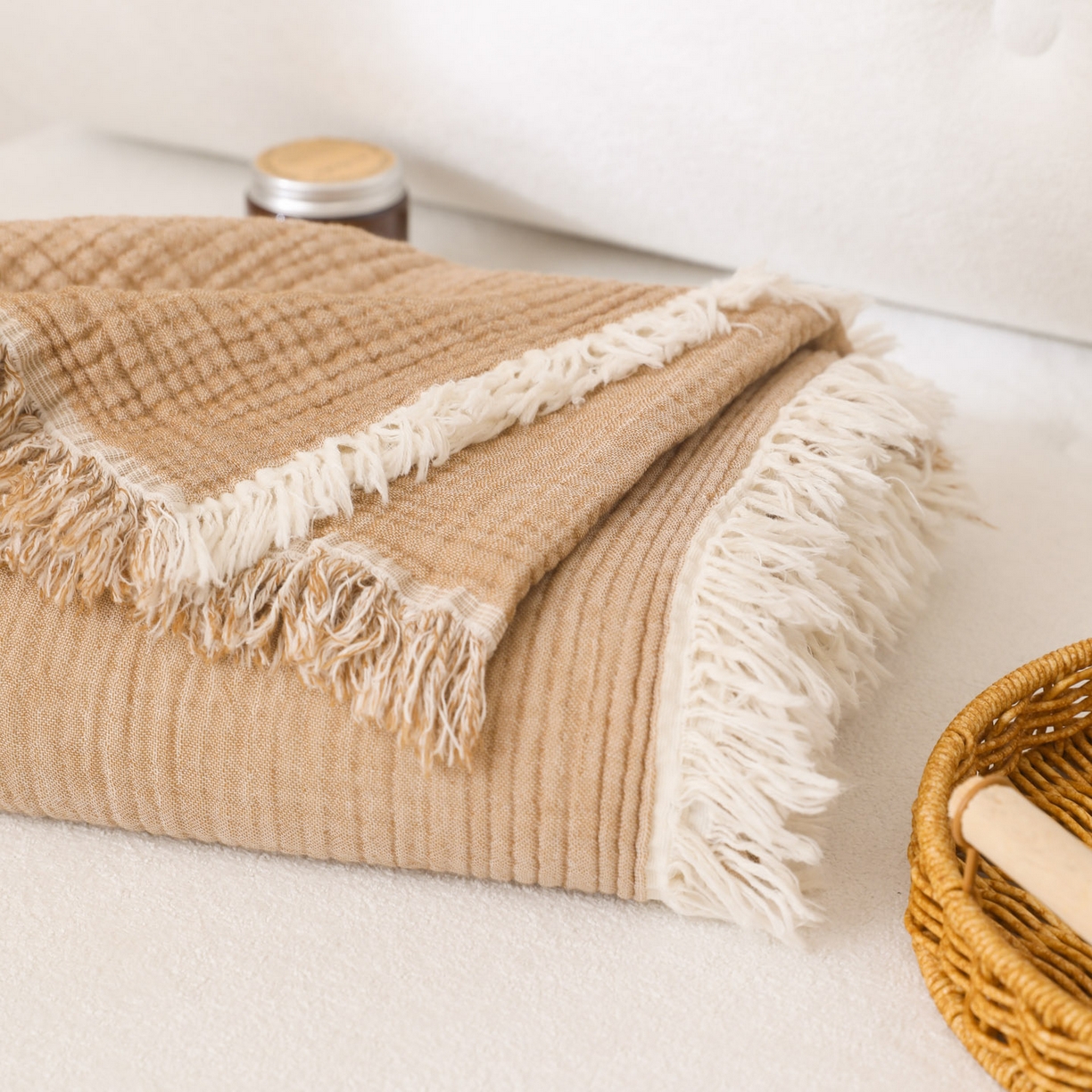 91家纺网 家纺一手货源 找家纺 简宜家居（朝初家纺） 2025新款全棉100%棉四层纱流苏边毛毯子 流苏-焦糖褐