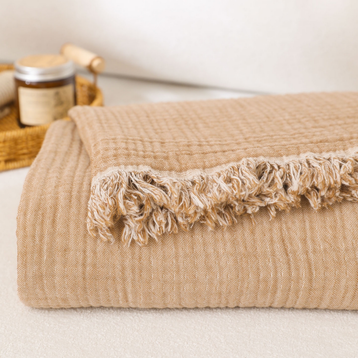 91家纺网 家纺一手货源 找家纺 简宜家居（朝初家纺） 2025新款全棉100%棉四层纱流苏边毛毯子 流苏-焦糖褐