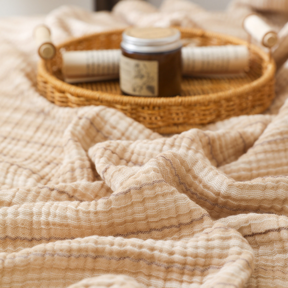 91家纺网 家纺一手货源 找家纺 简宜家居（朝初家纺） 2025新款全棉100%棉四层纱流苏边毛毯子 流苏-奶茶