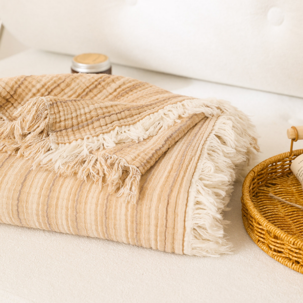 91家纺网 家纺一手货源 找家纺 简宜家居（朝初家纺） 2025新款全棉100%棉四层纱流苏边毛毯子 流苏-奶茶