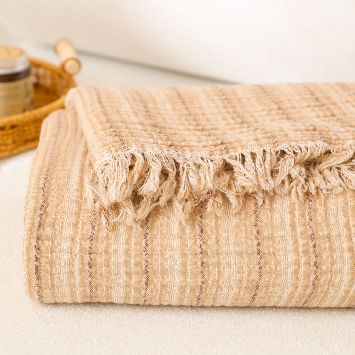 91家纺网 家纺一手货源 找家纺 简宜家居（朝初家纺） 2025新款全棉100%棉四层纱流苏边毛毯子 流苏-奶茶